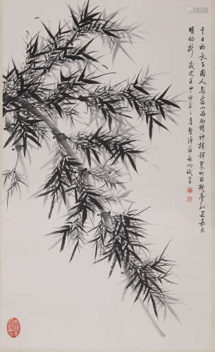 A Chinese Bamboo Ink Painting Scroll, Qi Gong Mark