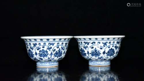 A Pair of Chinese Blue and White Floral Porcelain Cups