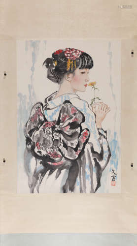 A Chinese Maid Painting Scroll, Liu Wenxi Mark
