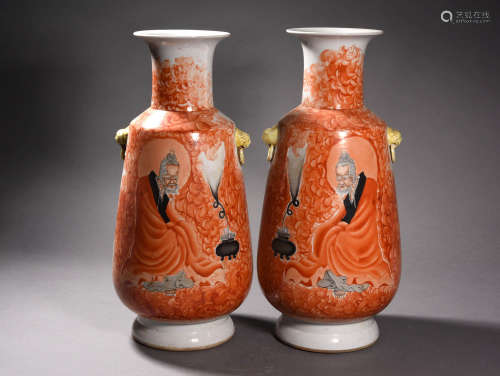 A Pair of Chinese Iron Red Arhat Painted Inscribed Porcelain Vase