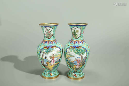 A Pair of Chines Enamel Floral Copper Vase