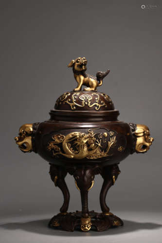 A Chinese Dragon Pattern Relief Gild Copper Three-legged Incense Burner