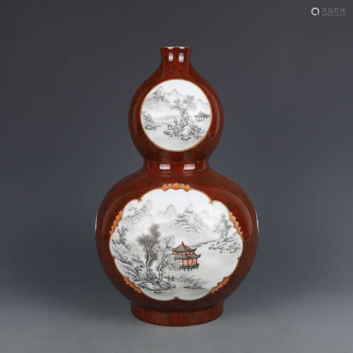 A Chinese Wood Grain Glazed Ink Landscape Painted Porcelain Gourd-shaped Vase