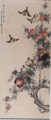 A Chinese sparrow Painting Scroll, Yan Bolong Mark