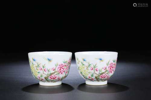 A Pair of Chinese Famille Rose Plum Blossom Porcelain Cups