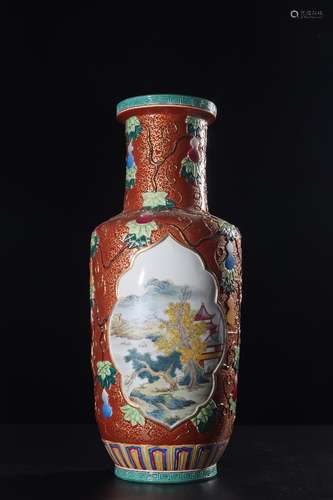 A Chinese Red Glazed Landscape Painted Porcelain Vase