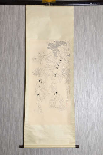 A Chinese Figure Painting Silk Scroll, Zhang Daqian Mark