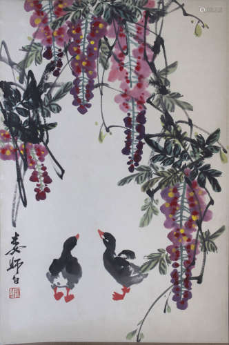 A Chinese Flower&bird Painting Scroll, Lou Shibai Mark