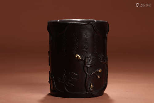 A Chinese Gild Red Sandalwood Floral Carved Brush Pot