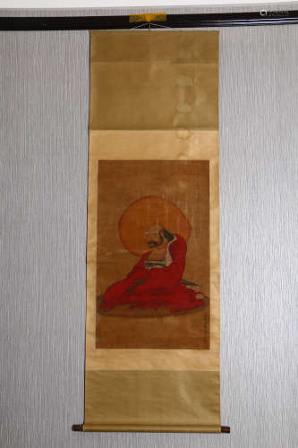 A Chinese Arhat Painting Scroll, Leng Mei Mark