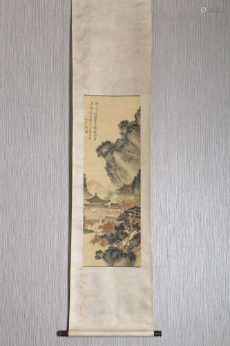 A Chinese Landscape Painting Silk Scroll, Pu Ru Mark