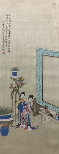 A Chinese Woman Painting Silk Scroll, Fei Danxu Mark