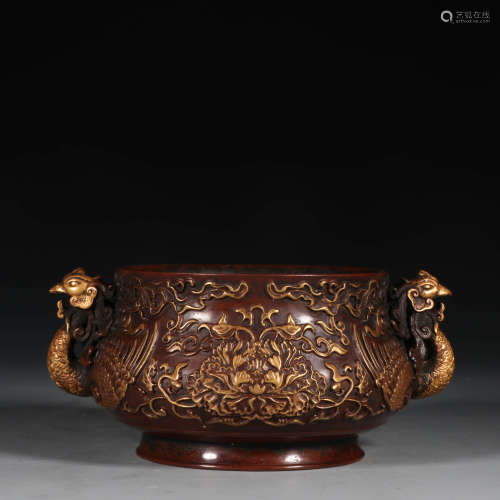 A Chines Red Copper Gild Peony Pattern Incense Burner