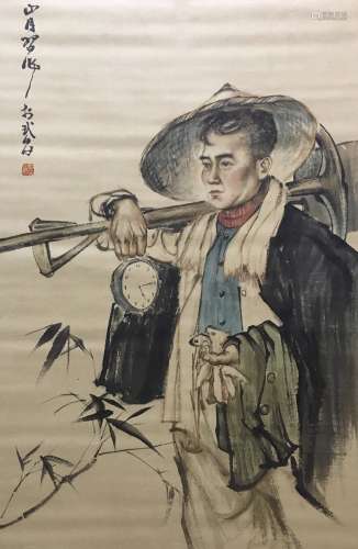 A Chinese Figure Painting Scroll, Guan Shanyue Mark