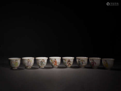 A Set of Chinese 8 Celestial being Painted Light colorful porcelain Cups