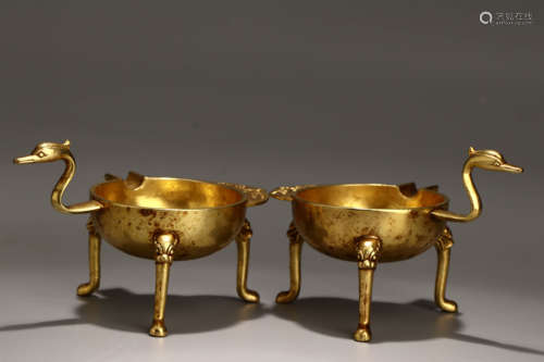 A Pair of Chinese Gild Copper Three-legged Utensils