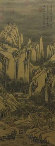 A Chinese Landscape Painting Silk Scroll, Tang Yin and Wang Wenzhi Mark