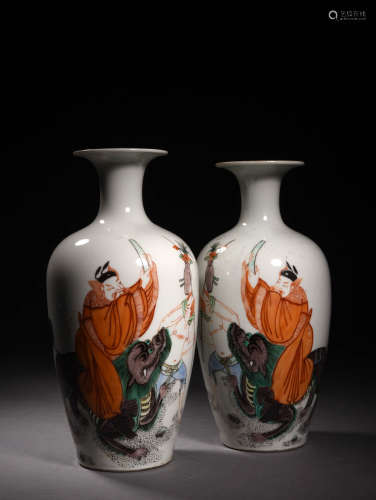 A Pair of Chinese Multi Colored Figure Painted Porcelain Vase