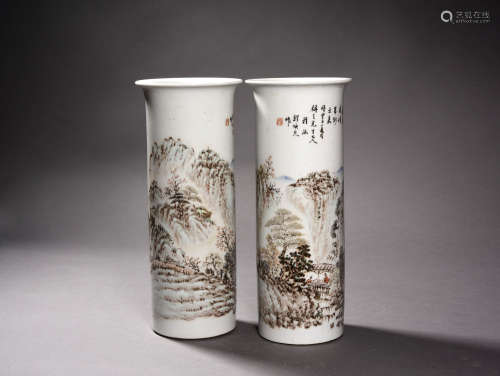 A Pair of Chinese Landscape Painted Light colorful porcelain Arrow Pots