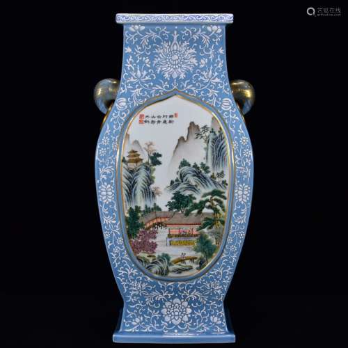 A Chinese Famille Rose Landscape Porcelain Square Oblate Vase
