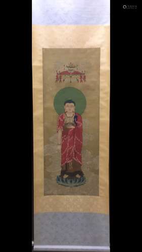 A Chinese Sakyamuni Painting Silk Scroll, Ding Guanpeng Mark