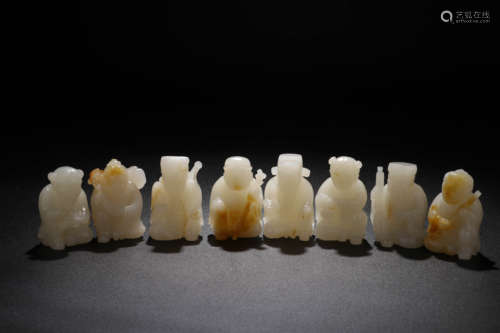 A Chinese White Hetian Jade Carved 8 Celestial Being Ornaments