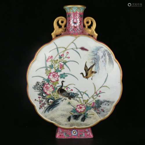 A Chinese Enamel Gild Flower&Bird Pattern Porcelain Oblate Vase