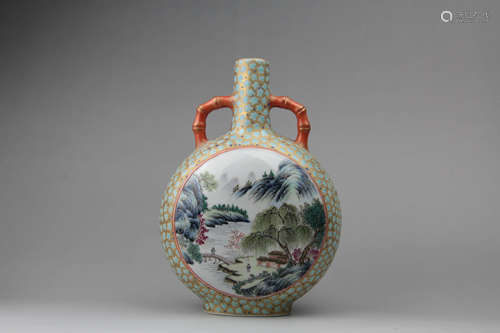 A Chinese Famille Rose Gild Landscape Porcelain Oblate Vase