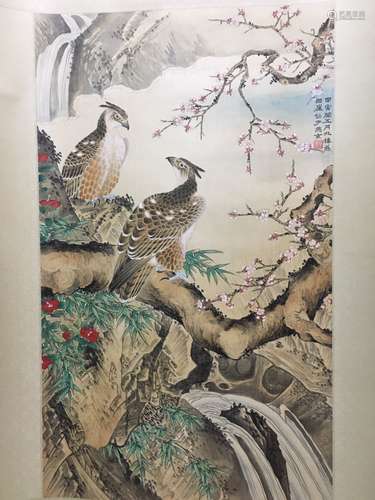 A Chinese Flower&bird Painting Silk Scroll, Mark