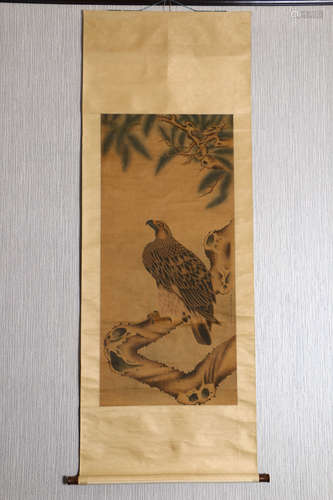 A Chinese Eagle Painting Silk Scroll, Ma Quan Mark