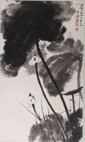 A Chinese Lotus Painting Scroll, Zhang Daqian Mark