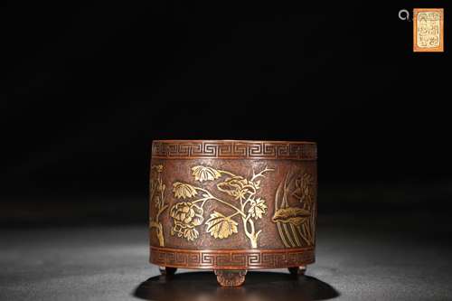 A Chines Copper Gild Floral Tube Shaped Incense Burner