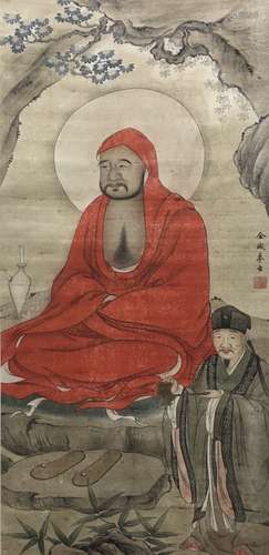 A Chinese Bodhidharma Painting Silk Scroll, Jin Cheng Mark