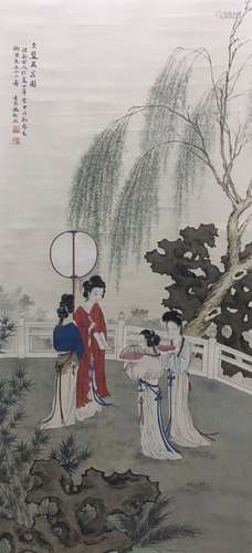 A Chinese Figures Painting Scroll, Feng Chaoran Mark