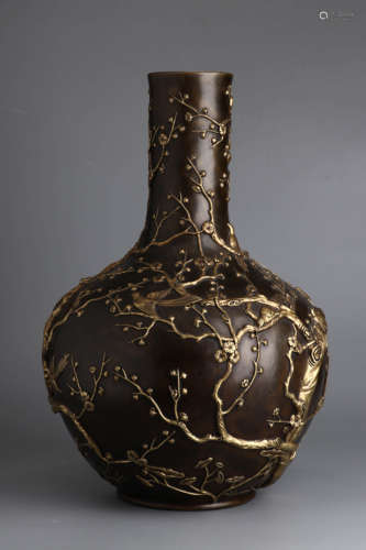 A Chinese Plum Blossom Pattern Gild Copper Vase