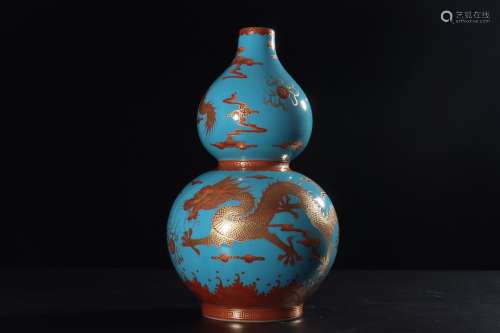 A Chinese Glazed Dragon Pattern Porcelain Gourd-shaped Vase
