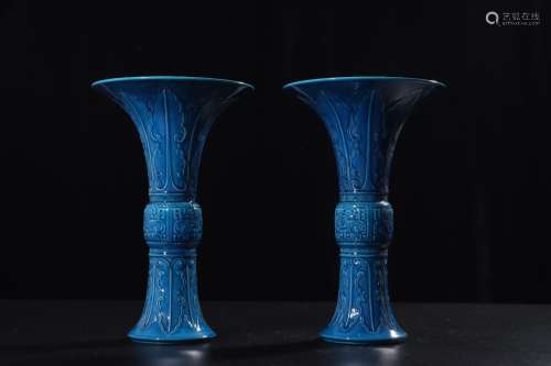 A Pair of Chinese Peacock Blue Glazed Porcelain Flower Vase