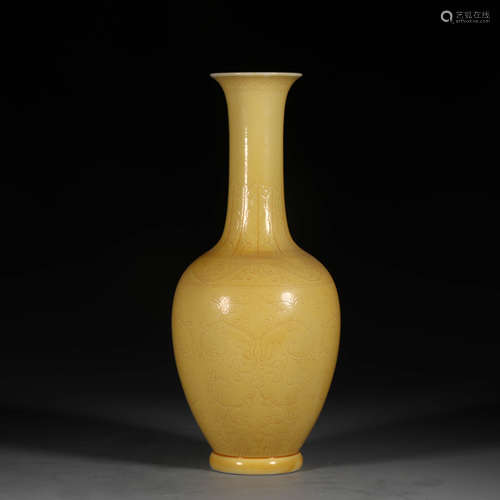 A Chinese Flower Carved Yellow Glazed Porcelain Vase