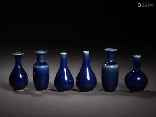 A Set of Chinese Altar Blue Glazed Porcelain Bottles, 6pcs