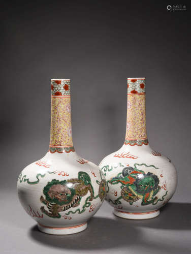 A Pair of Chinese Multi Colored Painted Porcelain Flask