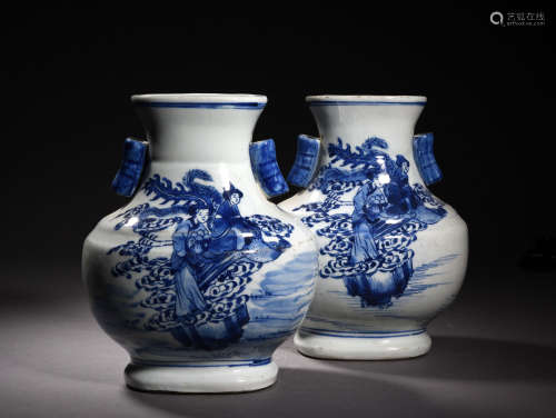 A Pair of Chinese Blue and White Landscape Painted Porcelain Oblate Vases