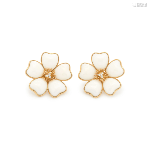CORAL AND DIAMOND FLOWER EARCLIPS