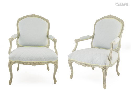 A Pair of Louis XV Style Painted Fauteuils a la Reine