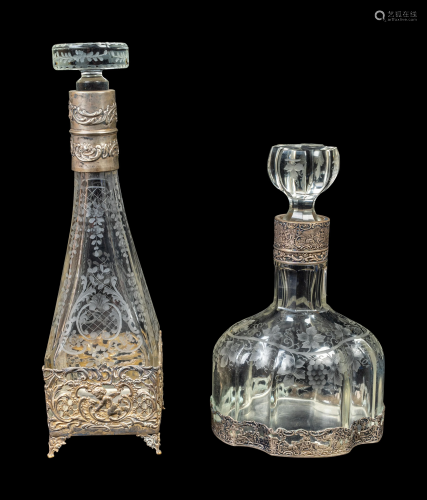 Two Continental Silver-Mounted Etched Glass Decanters