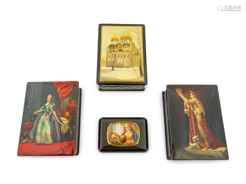 Four Russian Lacquered Boxes Height of largest 2 x