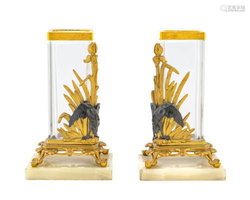 A Pair of Parcel-Gilt and Patinated Bronze and Glass