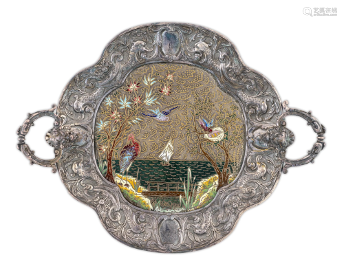 A French Silvered Bronze and Enamel Two-Handled Tray