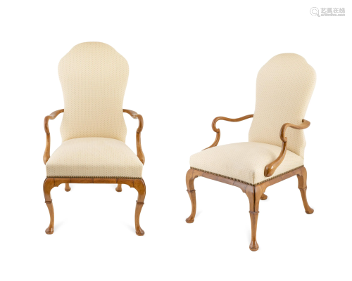 A Pair of Queen Anne Style Upholstered Walnut Armc…