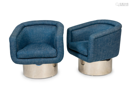 A Pair of Mid-Century Chrome and Upholstered Swivel