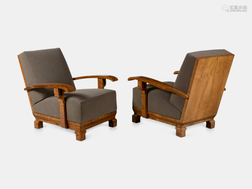 Pair of Art Deco High-Back Burl Walnut Lounge Chairs